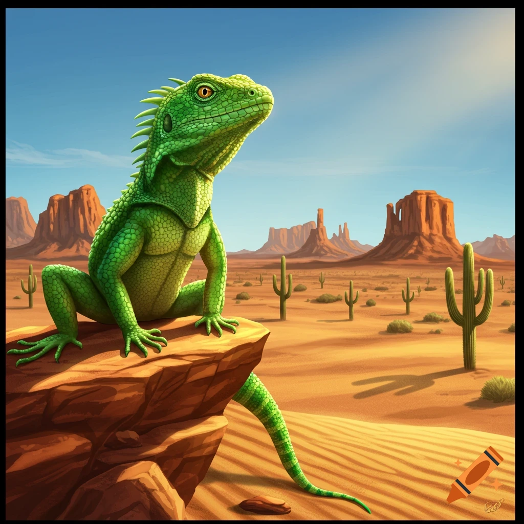A large green lizard sits on a rock in a desert landscape with mesas and cacti under a blue sky, in an illustrated style.