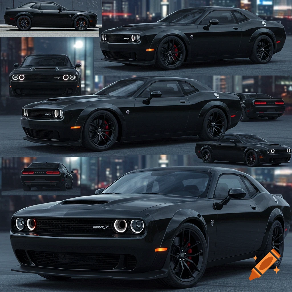 A collage of a black Dodge Challenger muscle car shown from various angles against a city backdrop.