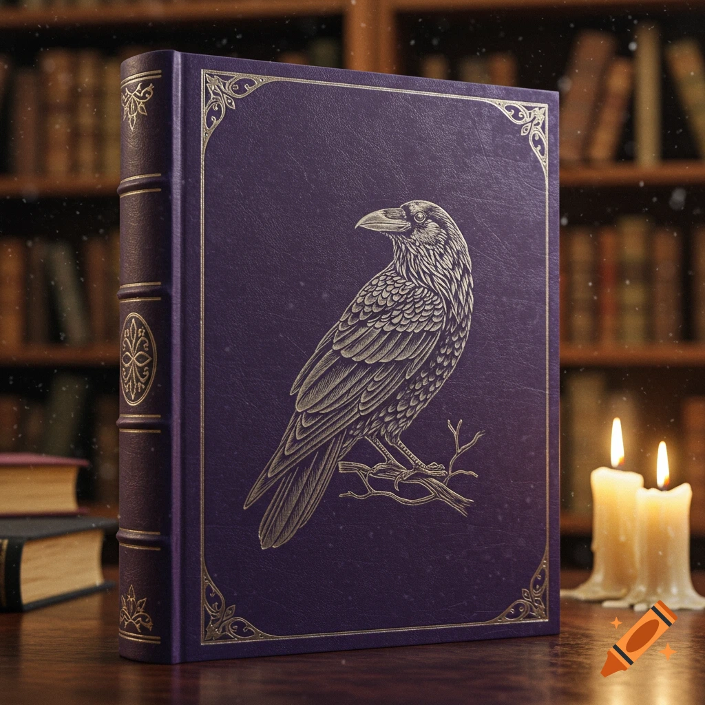 A purple book with a golden raven engraving on its cover sits on a wooden table with lit candles and blurred bookshelves in the background.