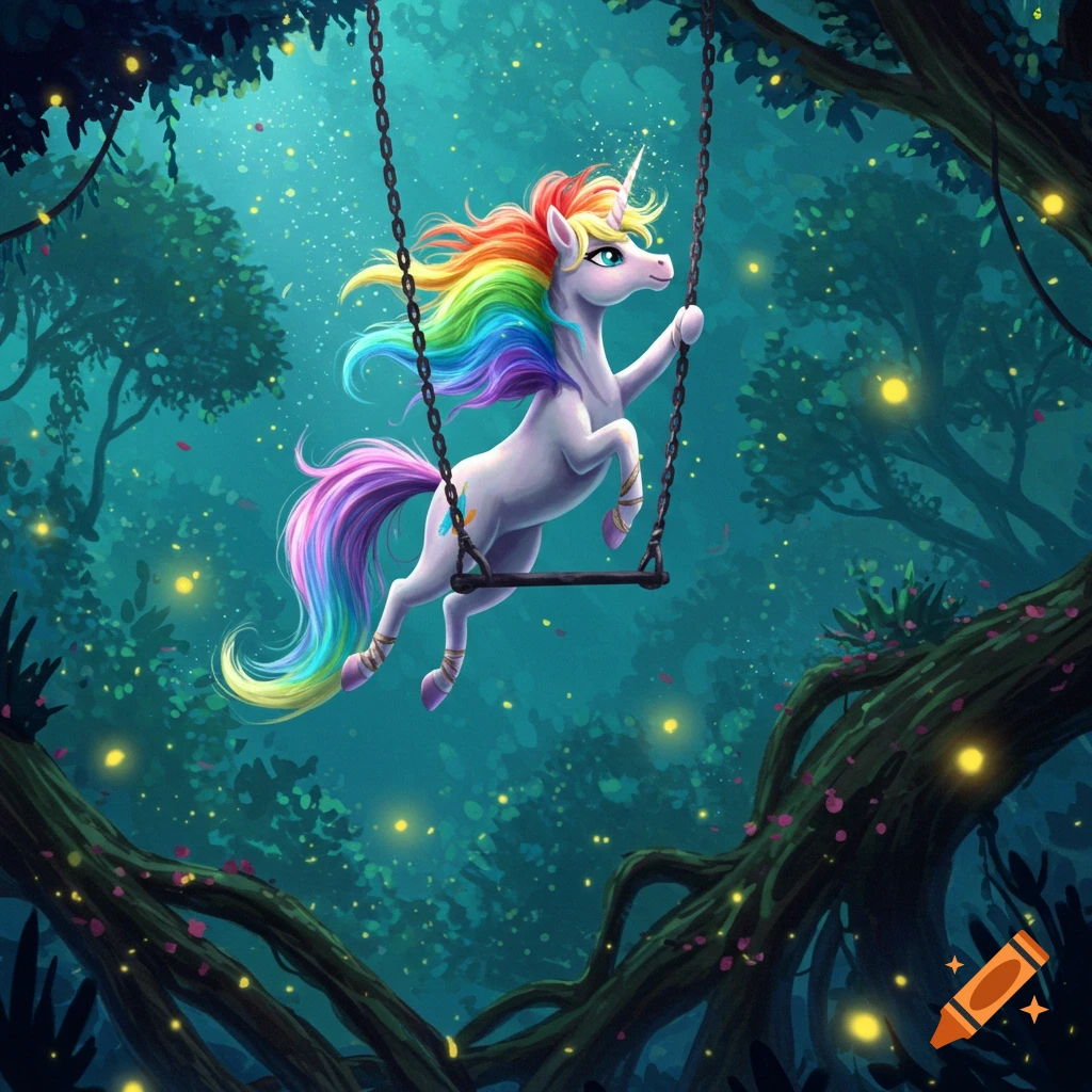 A vibrant rainbow unicorn with a colorful mane and tail swings on a trapeze in a dark, magical forest with glowing orbs.