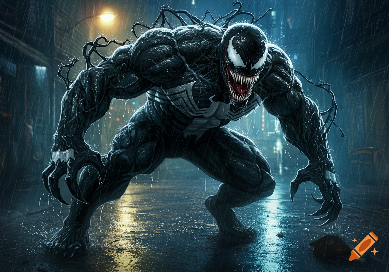 Venom, the black symbiote villain, crouches menacingly in a dark, rainy alley, teeth bared, in a digital art style.
