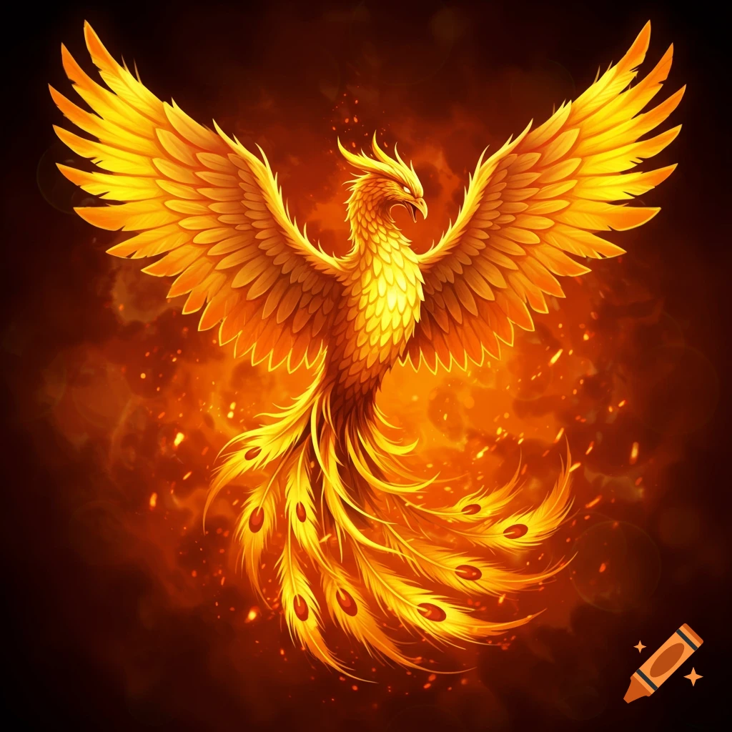 Vibrant illustrative design of a golden phoenix with outstretched wings, surrounded by fire and embers.