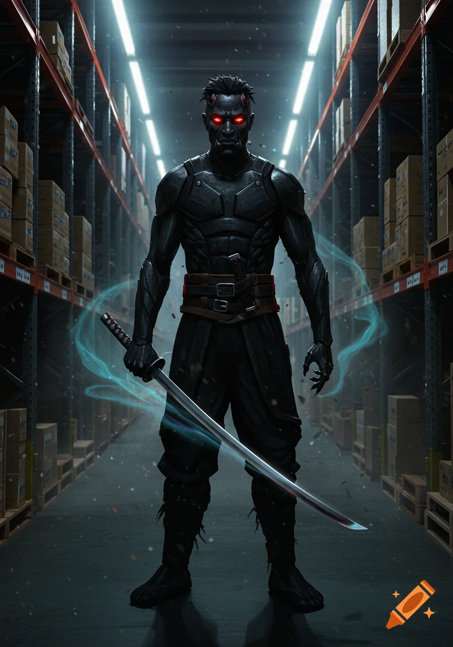 A menacing figure in black armor with glowing red eyes and a katana stands in a dimly lit warehouse.