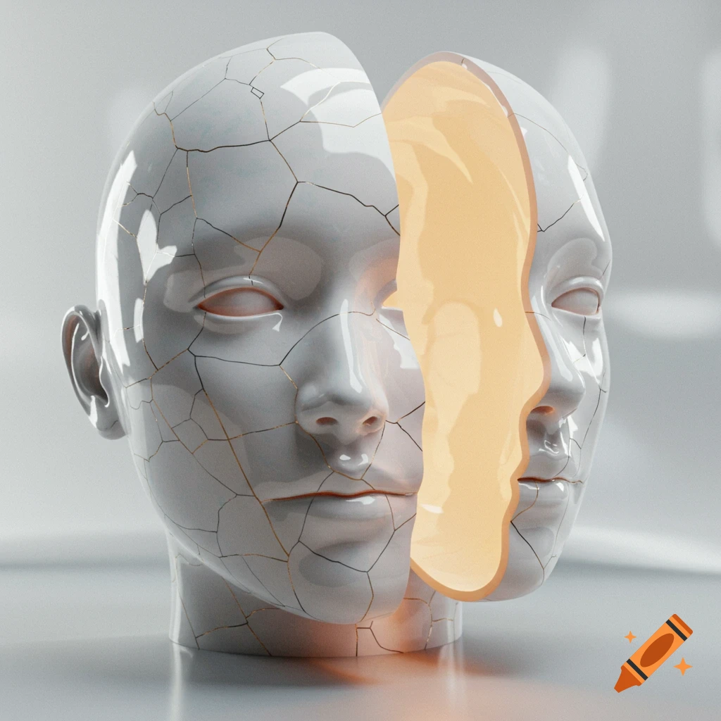 Photorealistic cracked porcelain head, split vertically to reveal a glowing, smooth golden head within, in a Kintsugi style.
