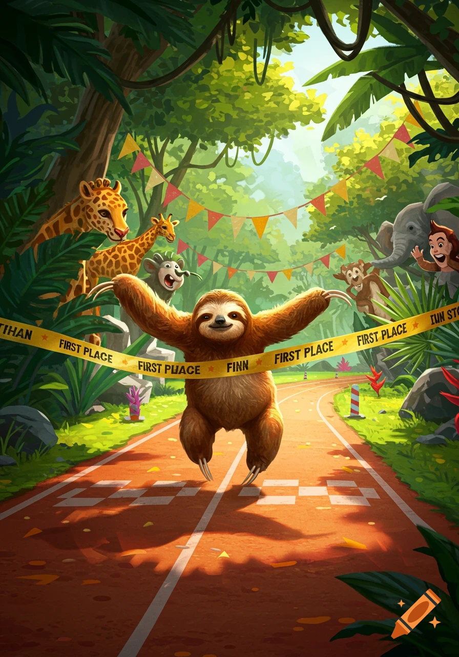 A happy sloth breaks a yellow finish line tape that says "FIRST PLACE" in a jungle race, surrounded by cheering cartoon animals.