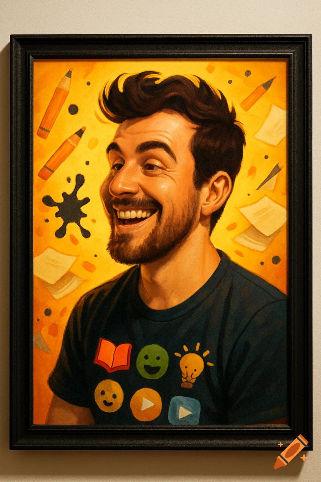 Vibrant illustration of a smiling man with a beard wearing a dark t-shirt with icons, framed, on an orange background with art supplies.