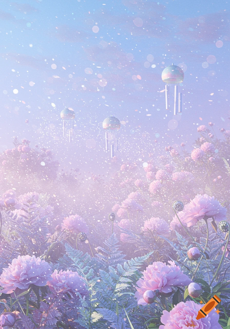 Dreamy pastel landscape of pink and purple peonies, ferns, and floating wind chimes under a light blue sky with sparkling particles.