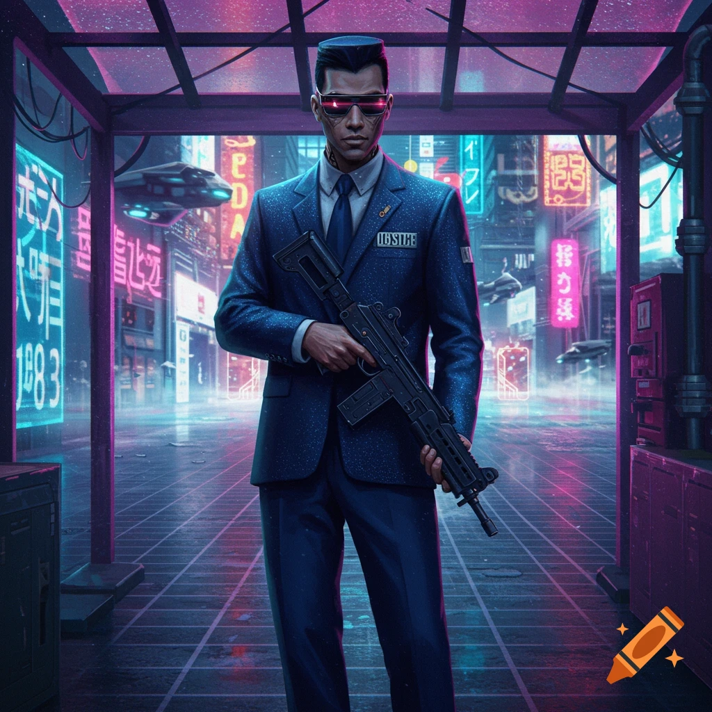 A man in a dark suit with glowing red glasses holds a submachine gun in a neon-lit cyberpunk city alley.