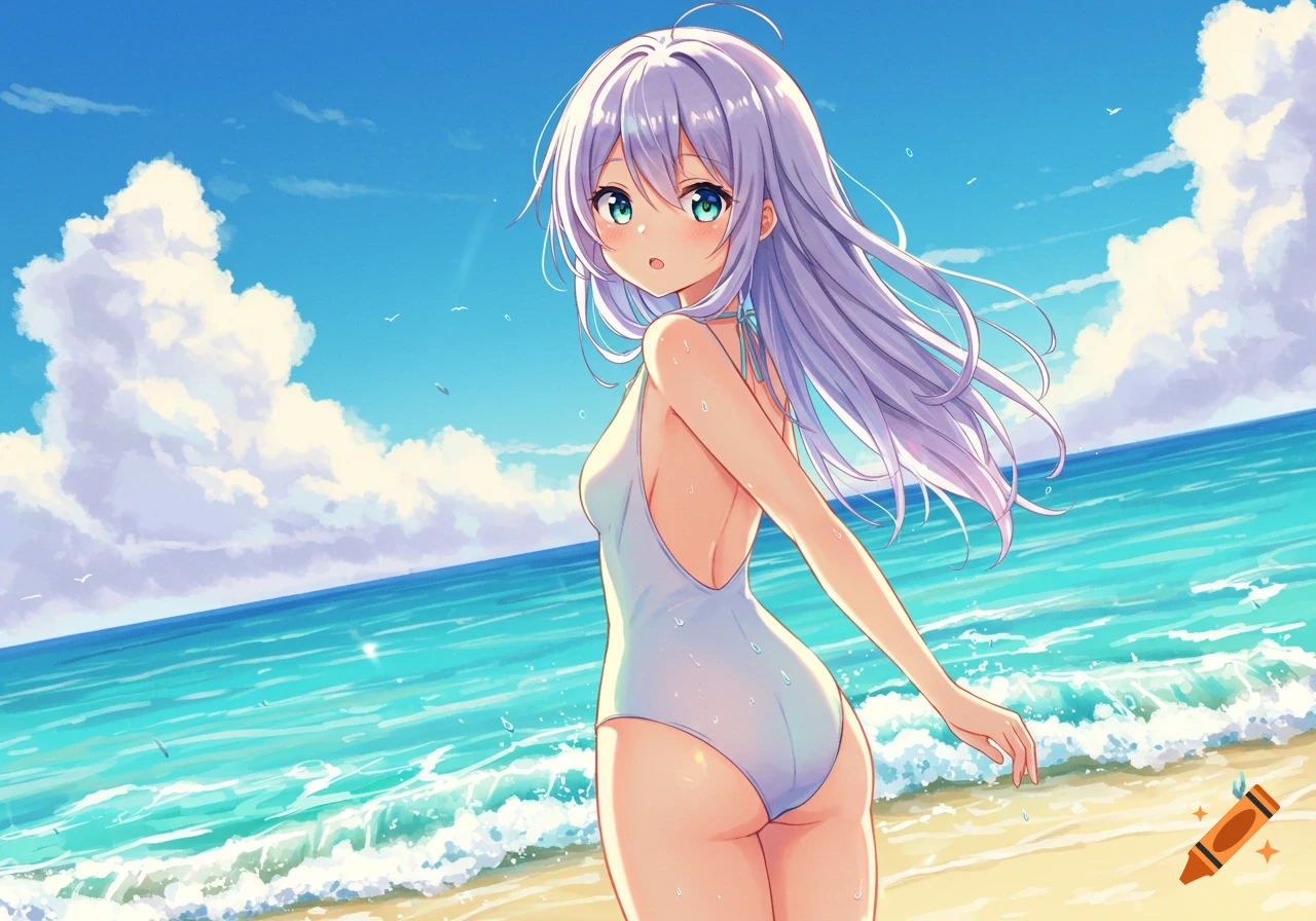 Anime girl with long purple hair in a white swimsuit stands on a sunny beach by the blue ocean, looking back.