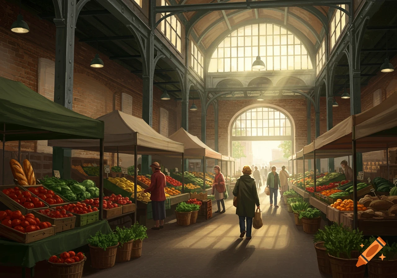 An illustration of a bustling farmers market inside a large building, with people browsing stalls filled with fresh produce.