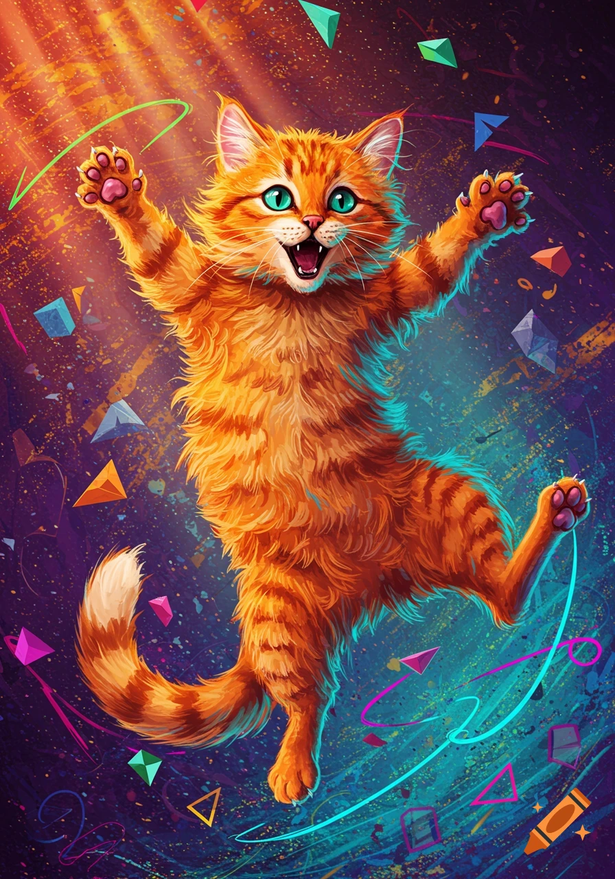 An energetic, fluffy orange cartoon cat with bright blue eyes jumps against a vibrant, abstract background with colorful geometric shapes.