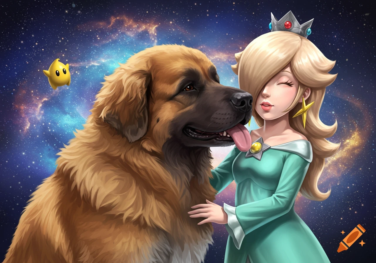 Rosalina from Mario Galaxy embraces a Leonberger dog licking her face, with a Luma star and galaxy background.