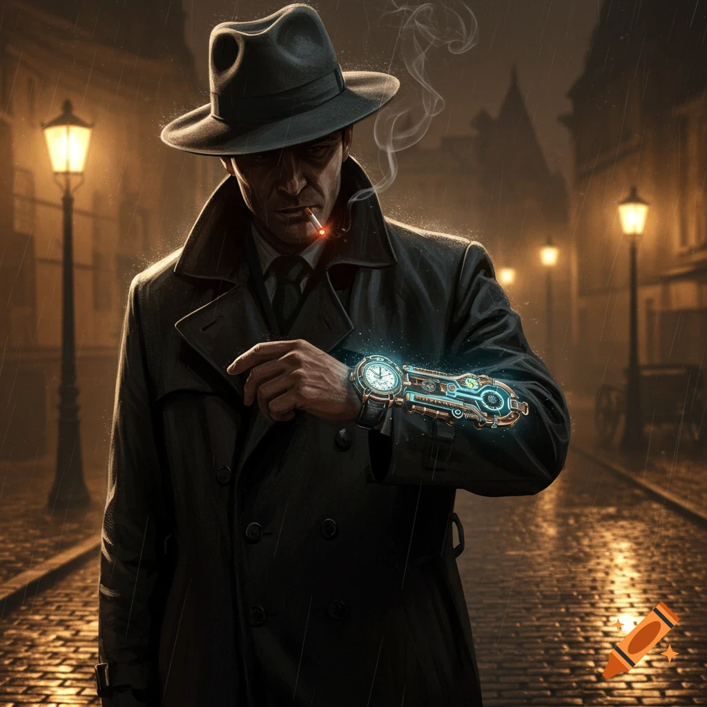 A man in a trench coat and fedora smokes a cigarette on a rainy city street at night, looking at a glowing, futuristic watch on his wrist.
