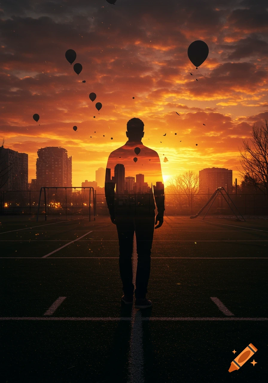 Man's silhouette filled with a cityscape, standing on a football field at sunset with balloons floating in the orange sky.