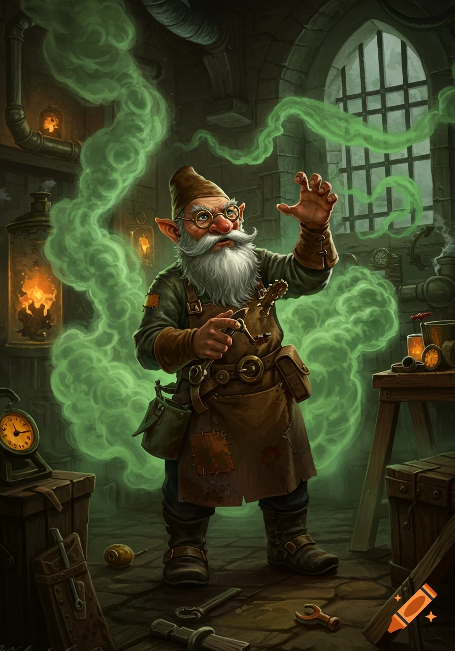 A gnome tinkerer with a long white beard and glasses stands in a workshop filled with green smoke, holding a tool.