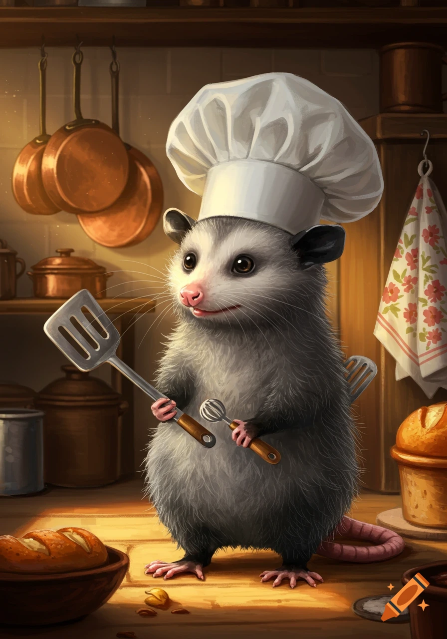 A cute possum wearing a chef hat holds a spatula and whisk, standing in a warm, rustic kitchen. Illustration.