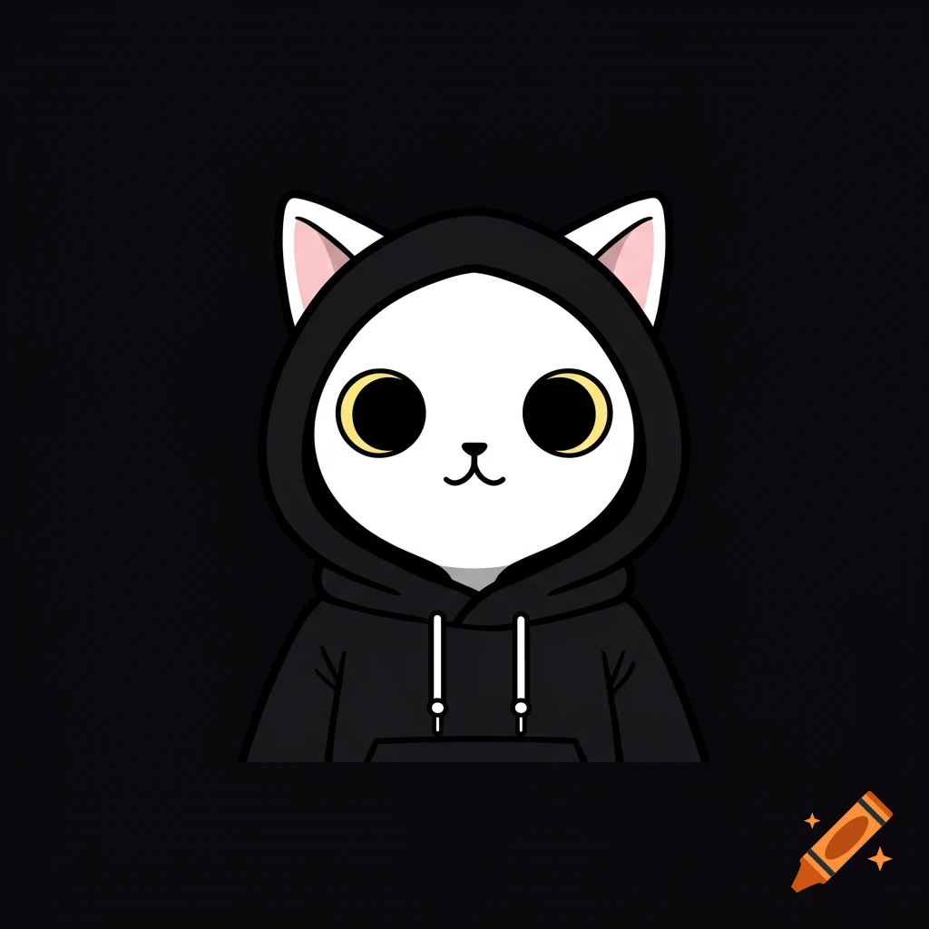 A cute, white anthropomorphic cat wearing a black hoodie on a dark background.