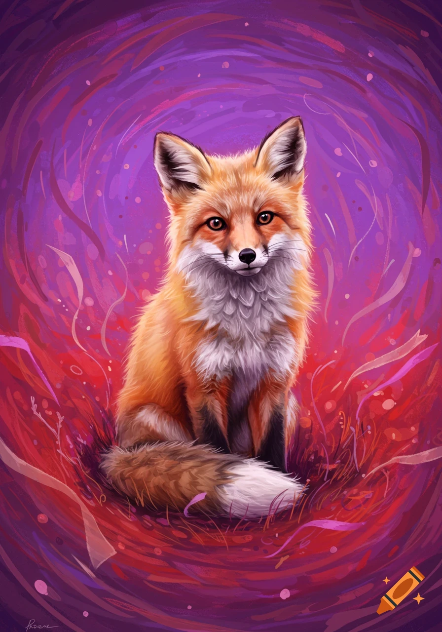 A digital painting of an orange and white fox sitting in a vibrant, swirling purple and red abstract background.