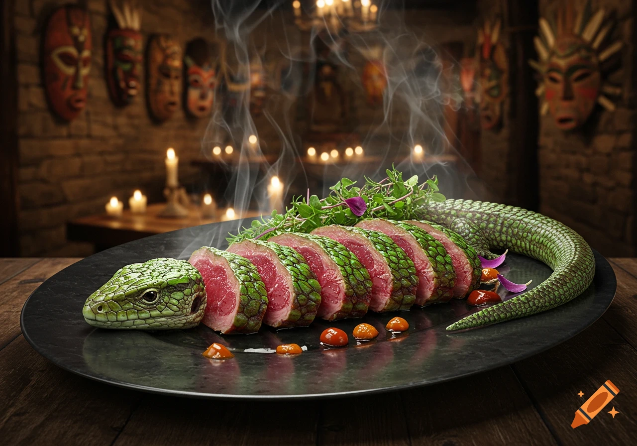 Photorealistic cooked lizard-shaped dish, sliced, garnished with herbs and steam, on a black plate in an exotic, candle-lit restaurant.