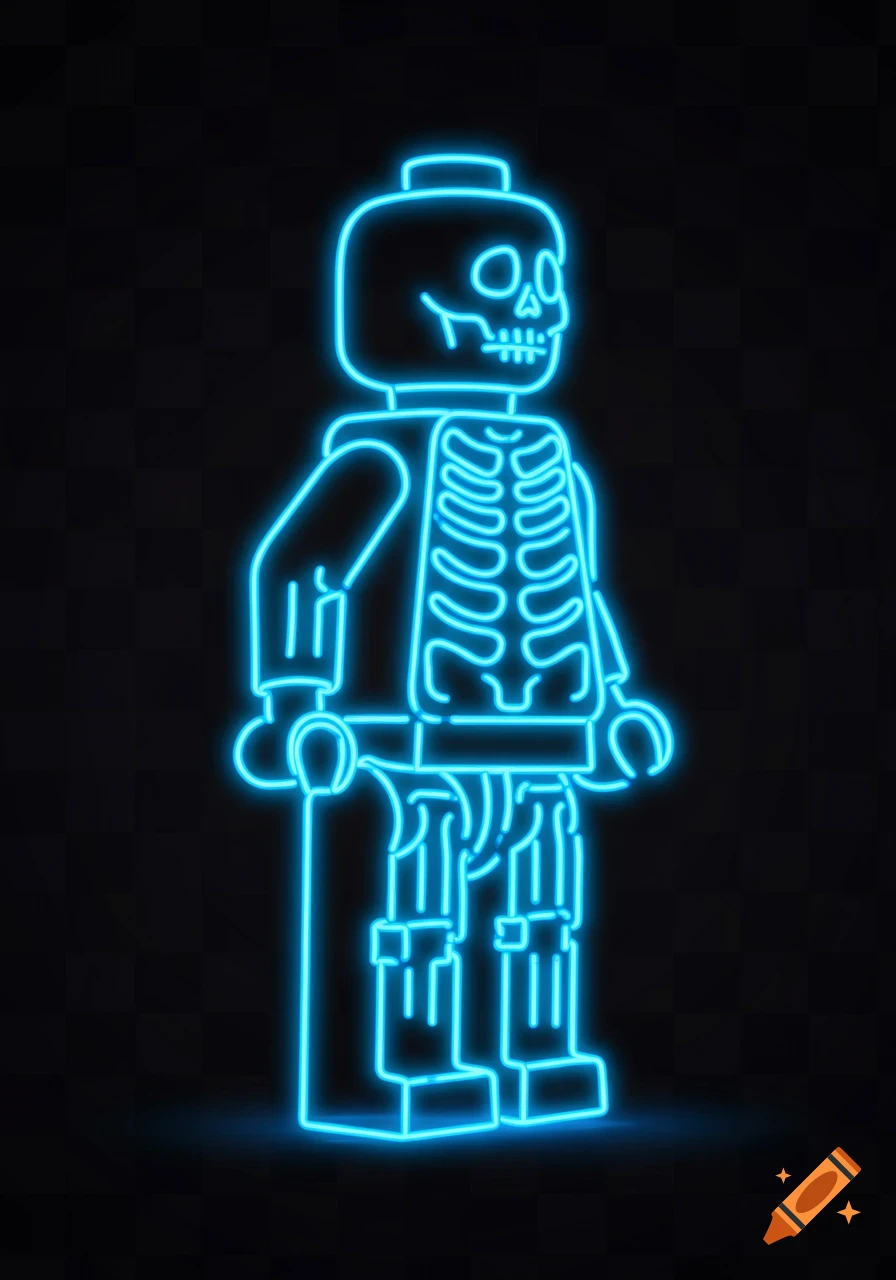 A glowing blue neon outline of a Lego skeleton minifigure in side profile on a dark background.
