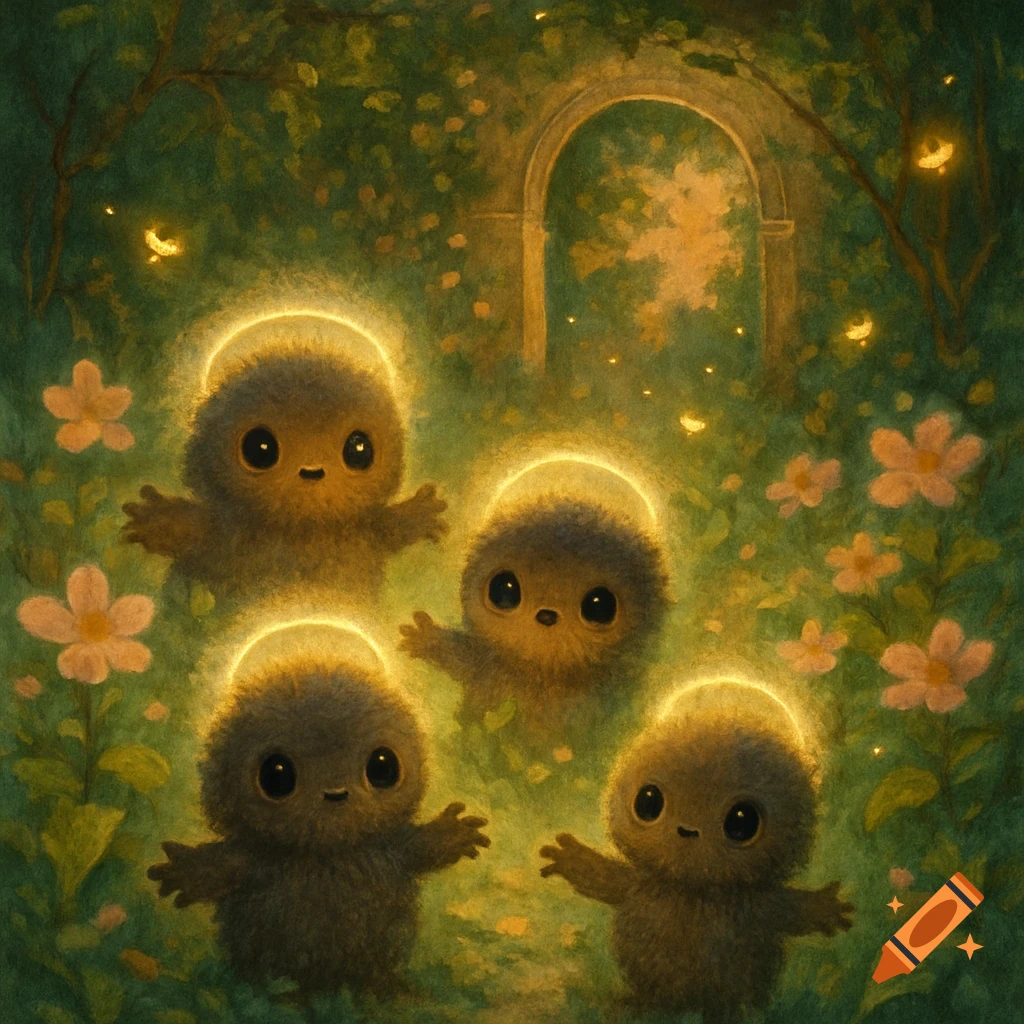 Four fuzzy, dark creatures with big black eyes and glowing halos float in a magical green forest with pink flowers and a stone archway.