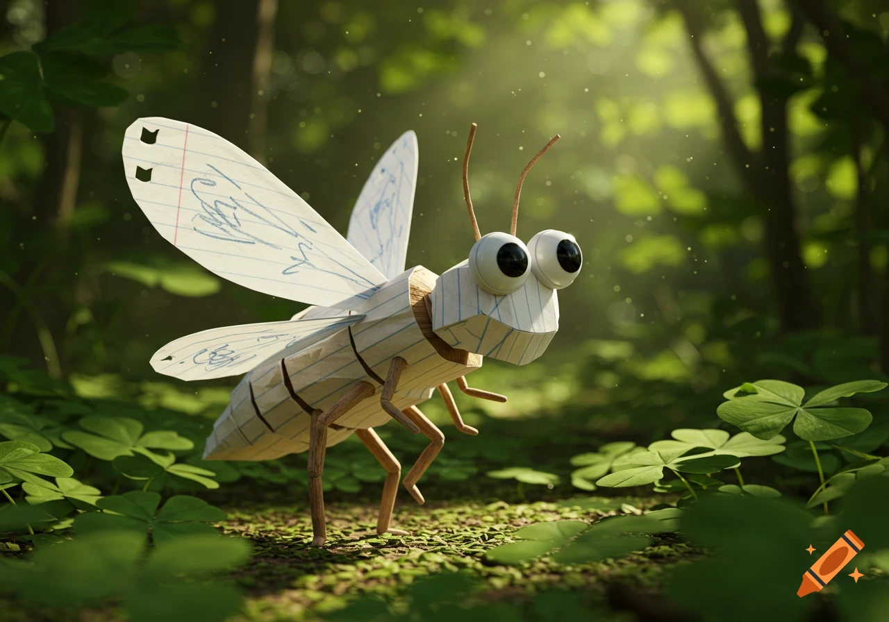 A whimsical papercraft bug with large googly eyes and wooden legs stands on clover in a sunlit forest.