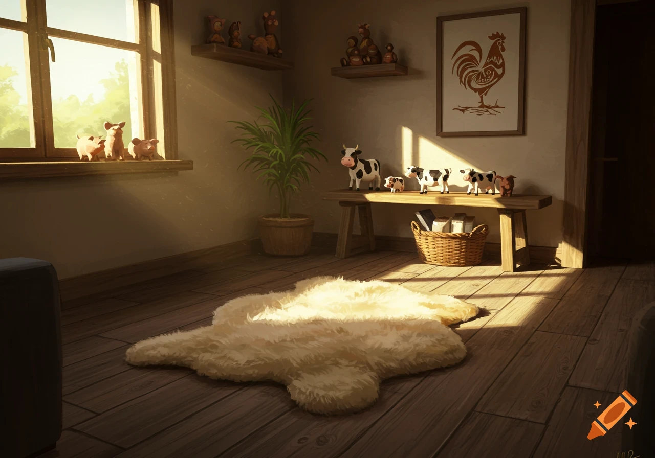 A cozy, sunlit living room with farmhouse decor, including a sheepskin rug, animal figurines, and a rooster art print.