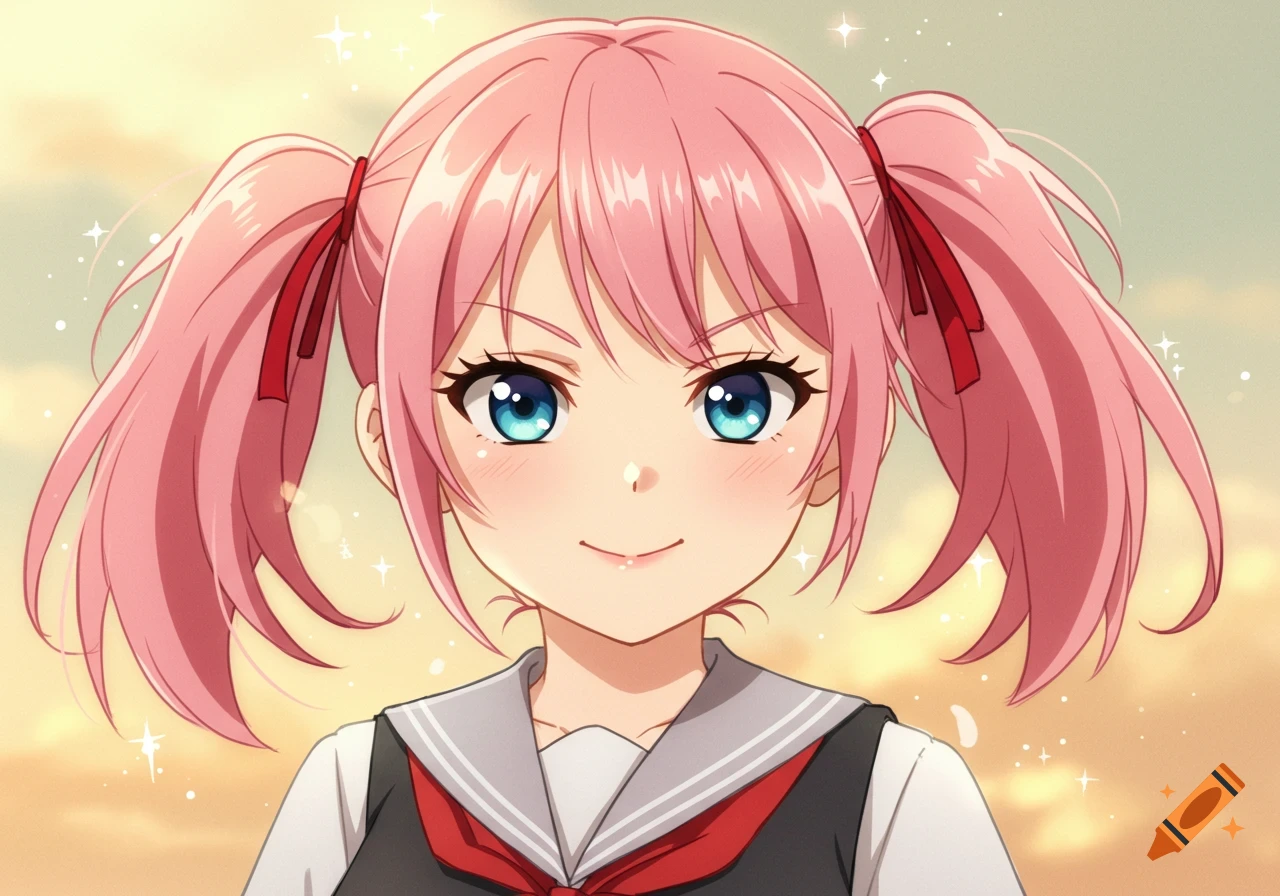 Close-up anime portrait of a smiling girl with pink pigtails and blue eyes, wearing a school uniform, with sparkling light effects.