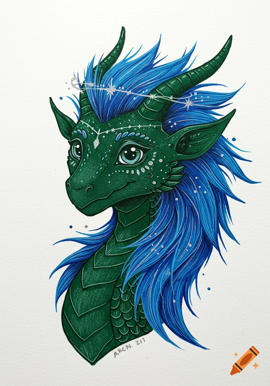 A whimsical green dragon with a blue feathery mane and a delicate silver star halo, in a linocut style on a white background.