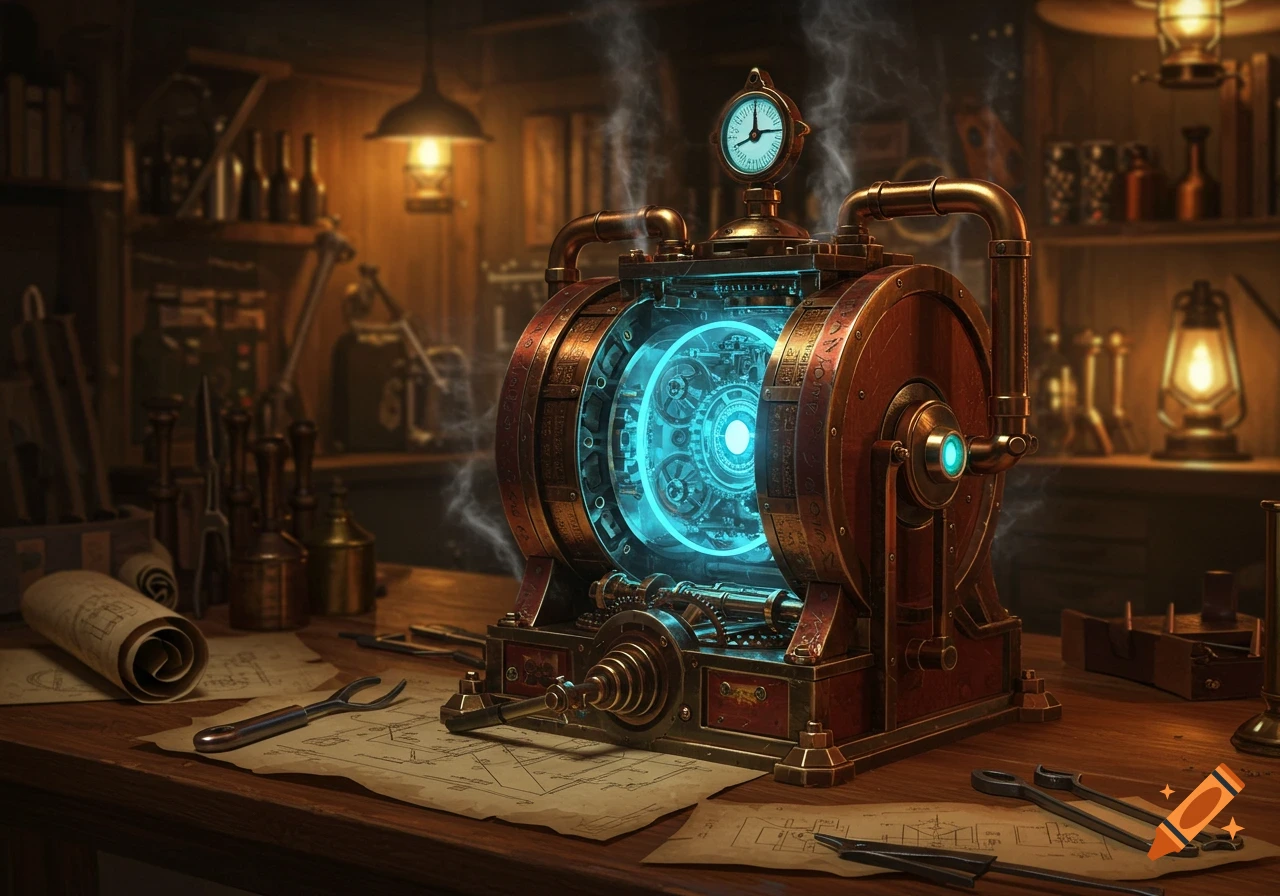A glowing blue steampunk machine with gears and pipes sits on a wooden workbench filled with tools and blueprints.