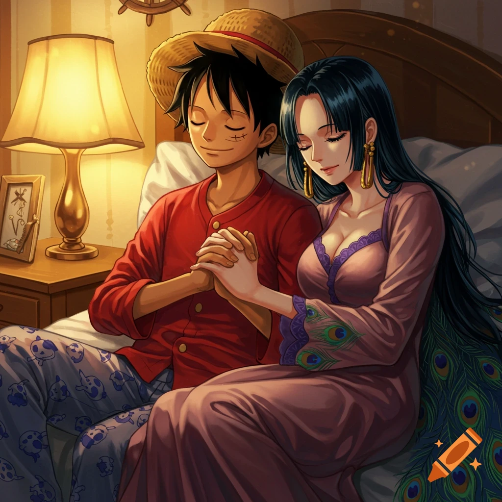 Luffy and Hancock cuddle in bed in anime style, wearing pajamas.