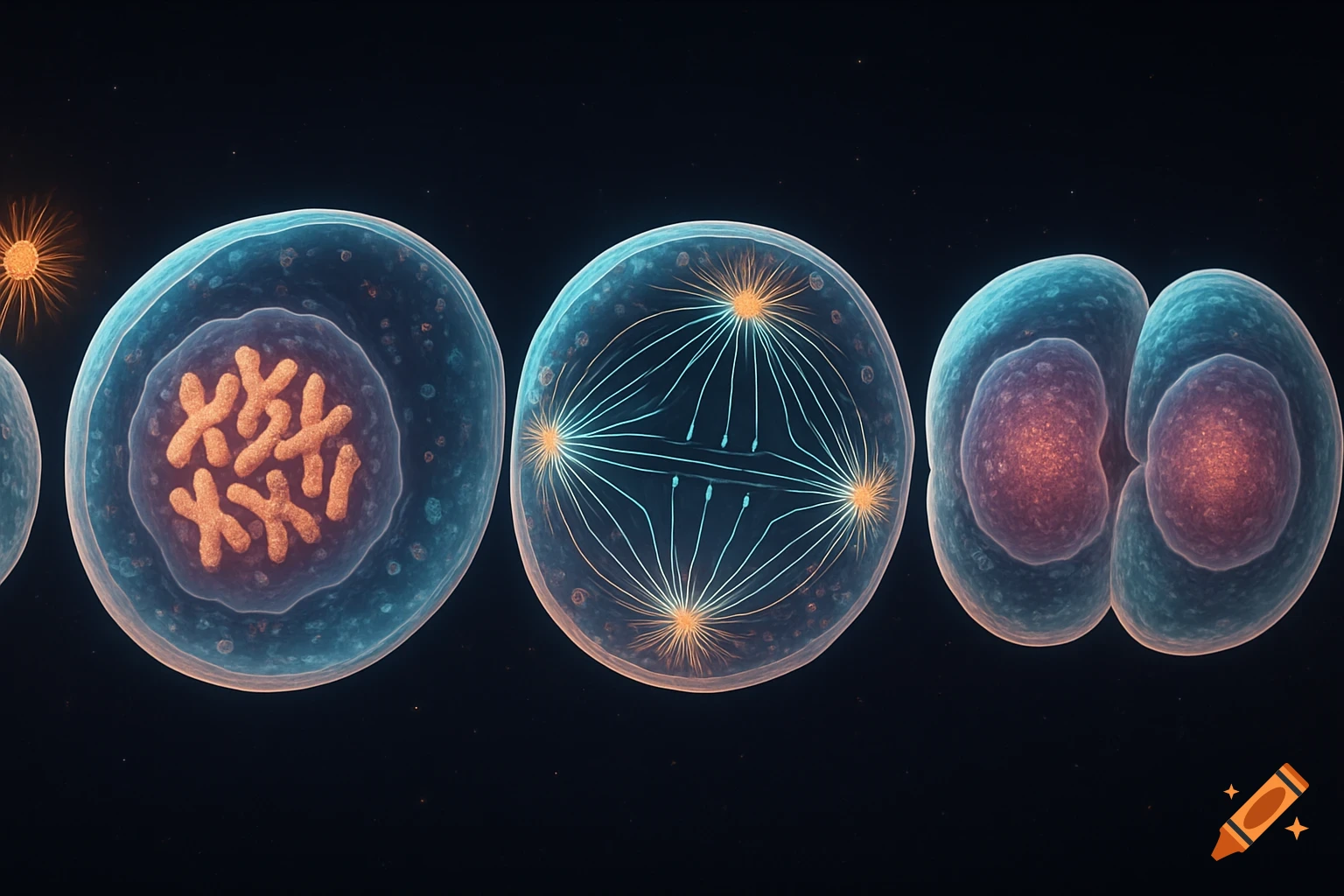 Microscopic view of animal cell mitosis showing prophase, metaphase, anaphase, and telophase stages with chromosomes and spindle fibers.