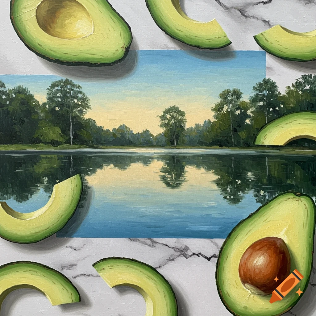 Sliced and whole avocados arranged around an oil painting of a serene lake and trees at sunset, on a marble surface.