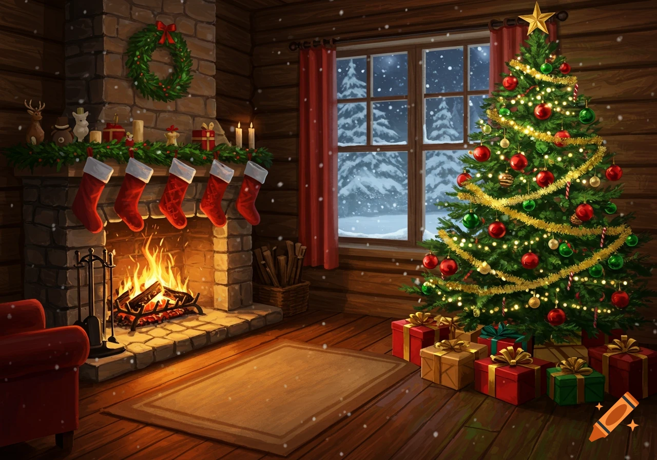 A cozy log cabin living room decorated for Christmas with a lit fireplace, hung stockings, a brightly lit Christmas tree, and presents.
