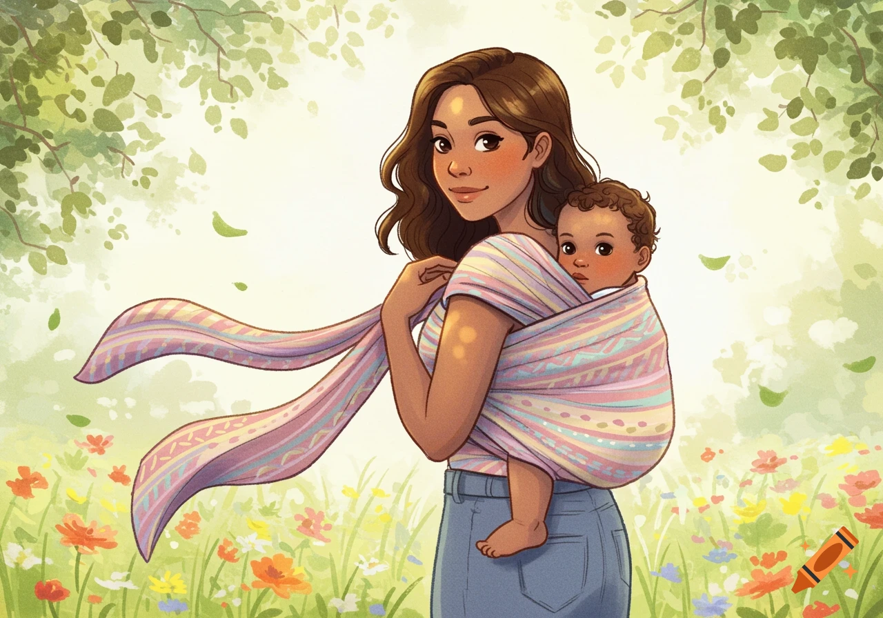 A watercolor illustration of a mother carrying her baby in a striped wrap in a field of colorful flowers.