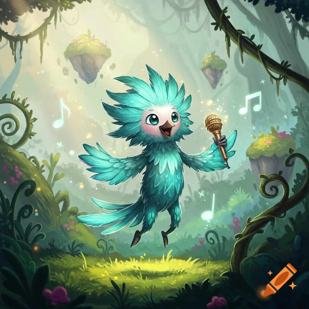 A cute, teal, bird-like creature with large eyes holds a microphone, singing in a lush, fantastical forest with floating islands and glowing musical notes.