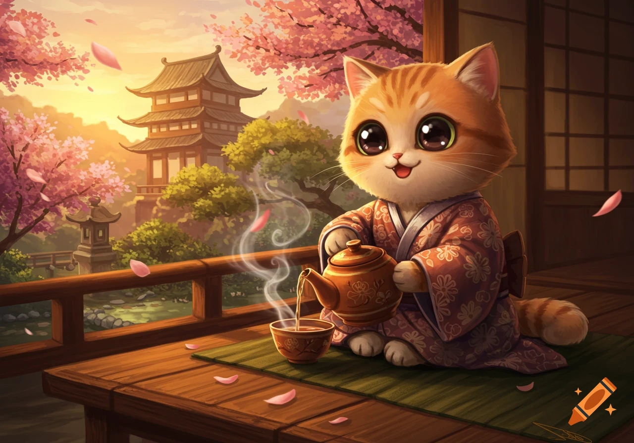 An adorable anime cat in a kimono pours tea on a wooden balcony overlooking a Japanese garden with cherry blossoms and a pagoda at sunset.