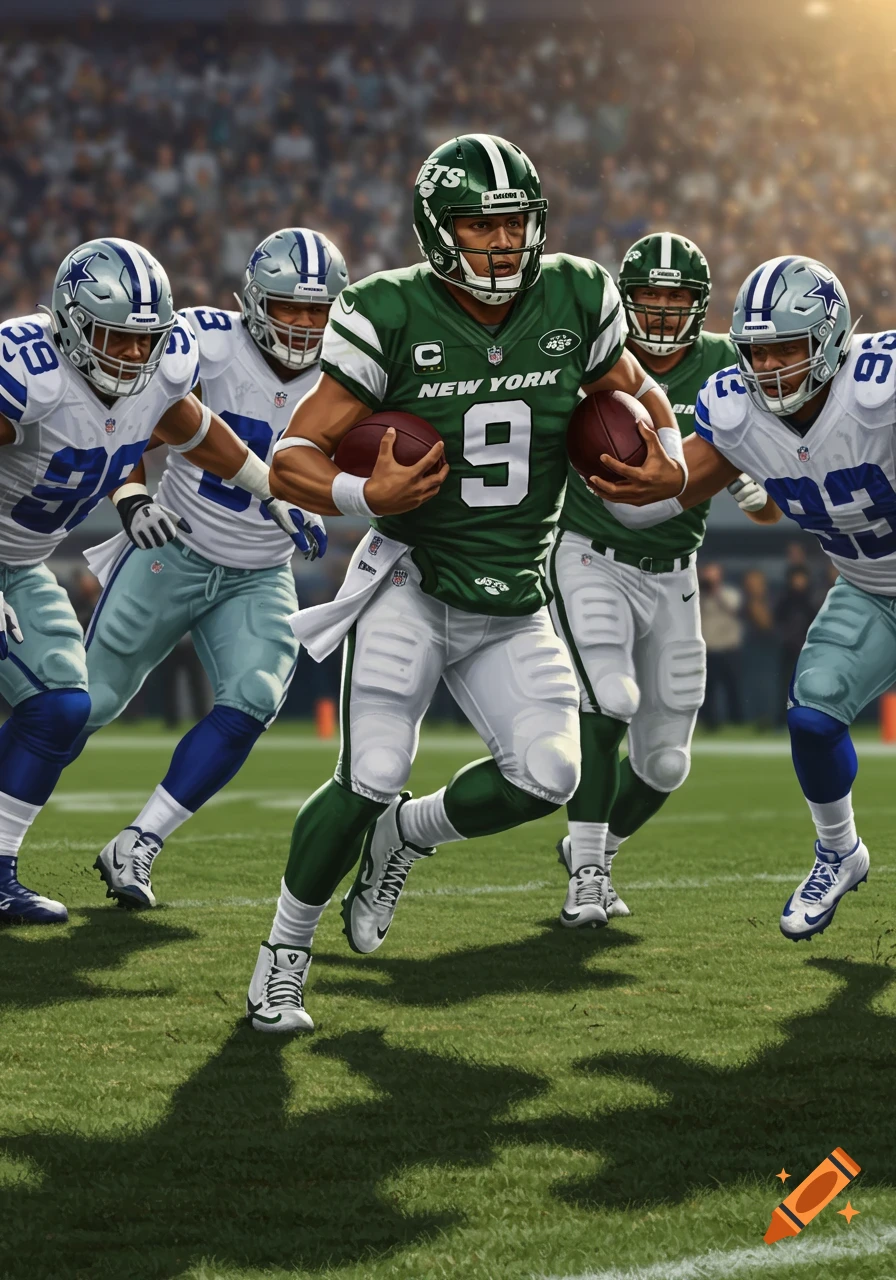A New York Jets player in green jersey #9 runs with the football, surrounded by Dallas Cowboys defenders in white jerseys on a sunny football field.