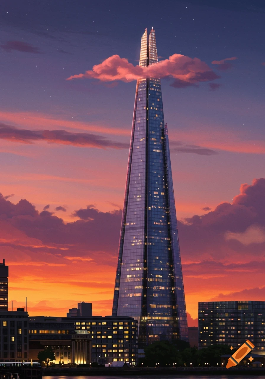 A tall, modern skyscraper (The Shard) stands against a dramatic orange and purple sunset sky with clouds, overlooking a city skyline and river.