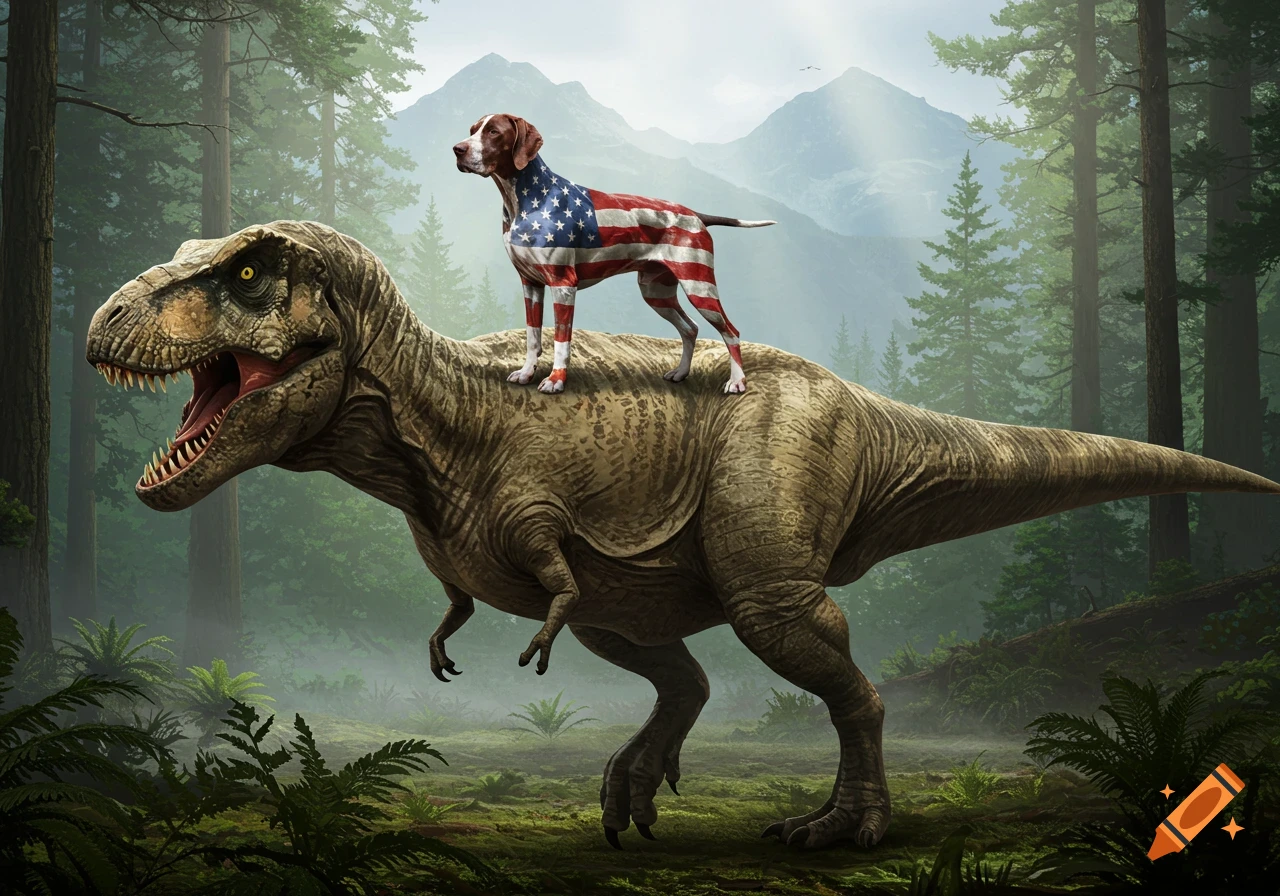 A brown and white dog, patterned with the American flag, stands on the back of a large T-Rex in a misty green forest.