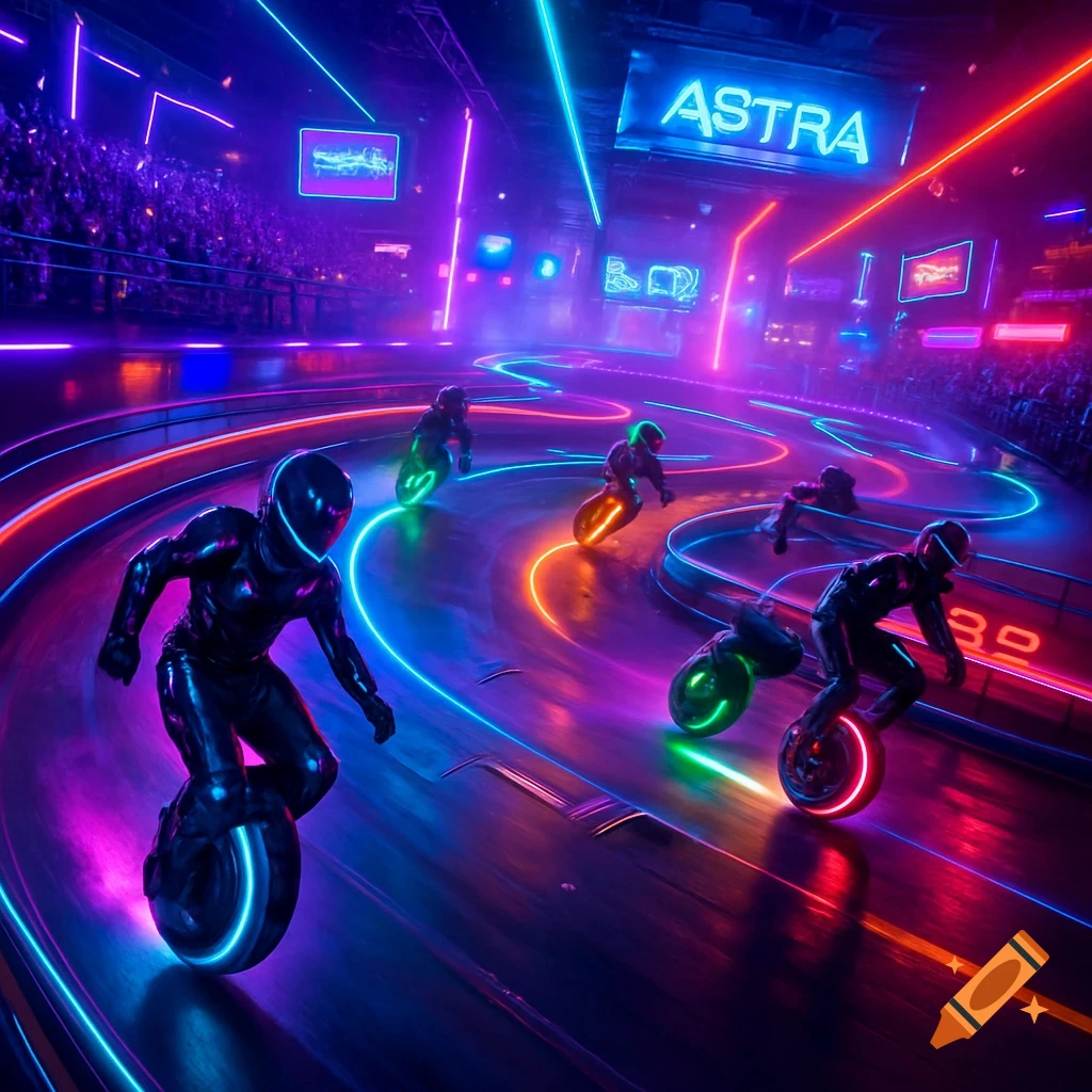 A dynamic shot of a futuristic cyberpunk electric unicycle race in a neon-lit indoor arena with glowing tracks and riders.
