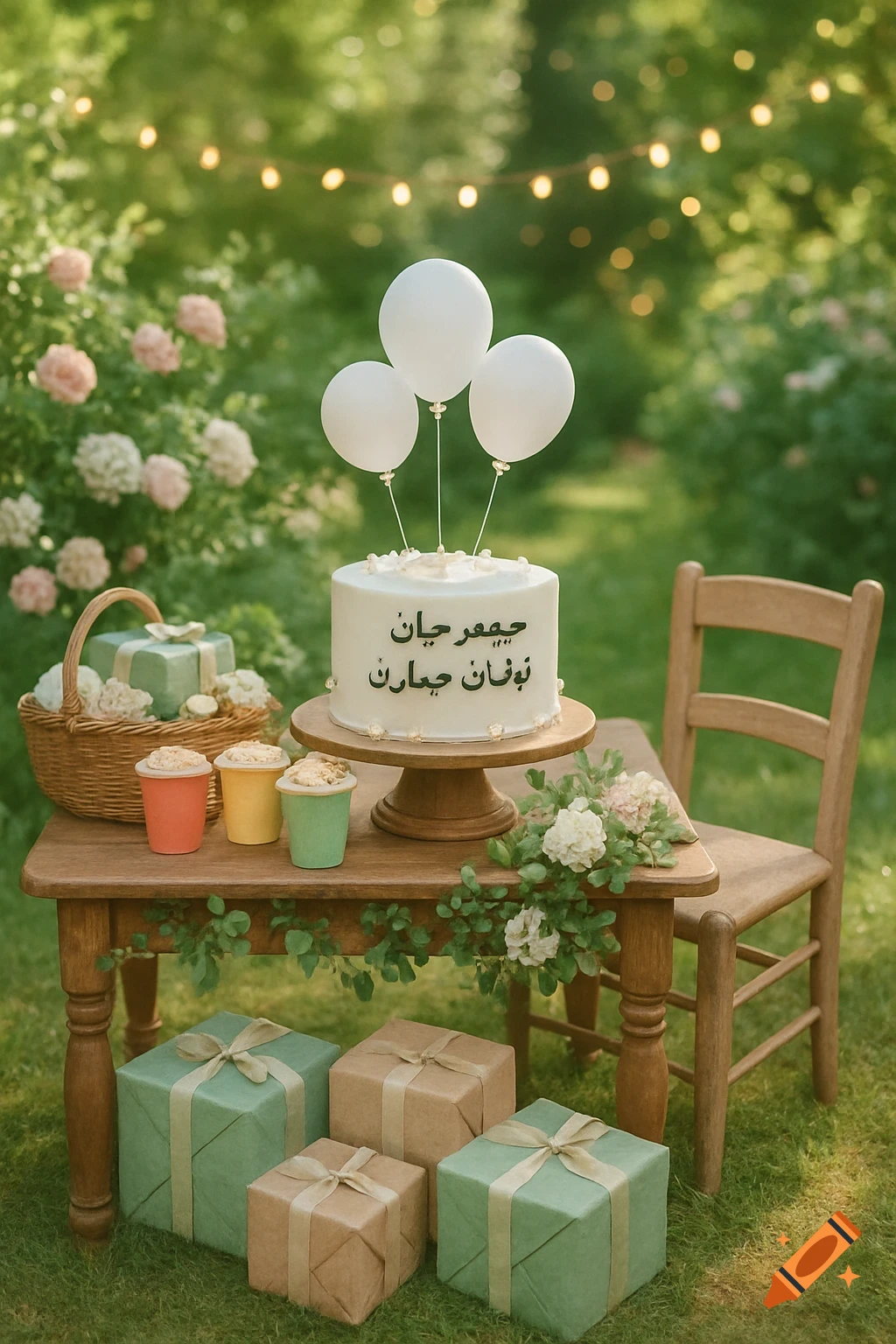 A white birthday cake with three white balloons on top sits on a wooden table in a lush garden setting. Colorful gift boxes are under and next to the table, with a basket of gifts and three colorful cups also on the table.