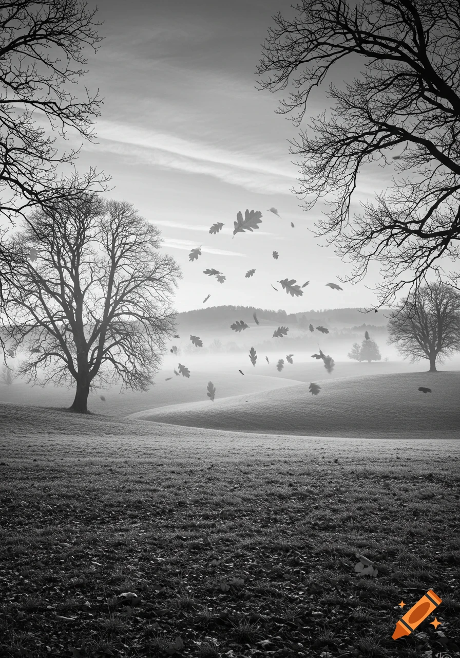 Black and white photo of a misty autumn landscape with bare trees, rolling hills, and oak leaves falling.