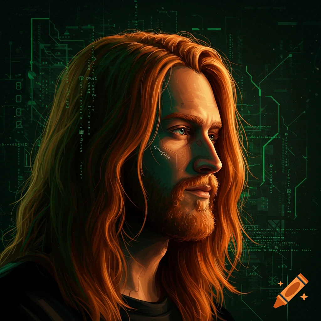 Illustrative profile of a man with long ginger hair and a beard, set against a dark green background with glowing circuit patterns and digital code.