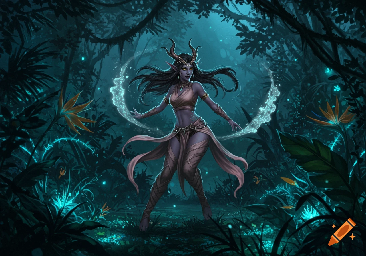A horned female fantasy creature with dark skin, golden eyes, and flowing hair stands in a bioluminescent jungle, surrounded by glowing magic.