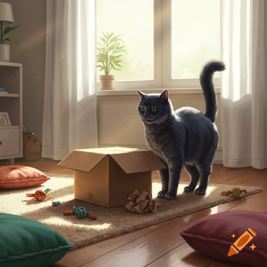 A gray cat stands beside an open cardboard box in a sunlit room with pillows and toys on the rug.