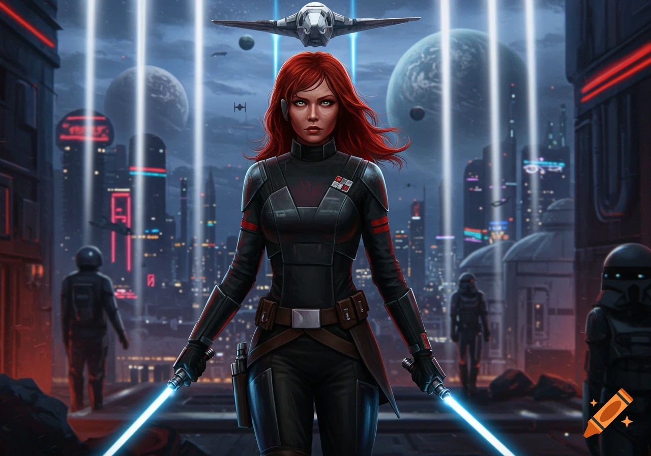 A red-haired woman in a black sci-fi suit holds two blue lightsabers in a futuristic city with planets and a spaceship.