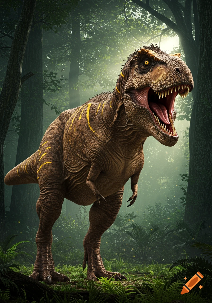 A photorealistic brown T-Rex with yellow stripes and a few feathers roars in a lush, sun-dappled prehistoric forest.