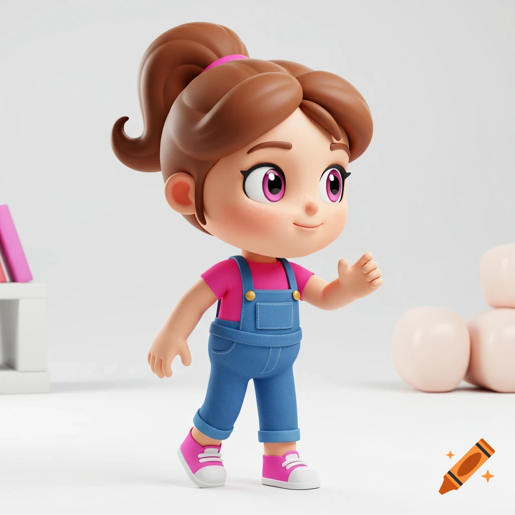 A cute 3D cartoon girl with brown hair in a ponytail, wearing a pink shirt and blue overalls, walking on a white background.