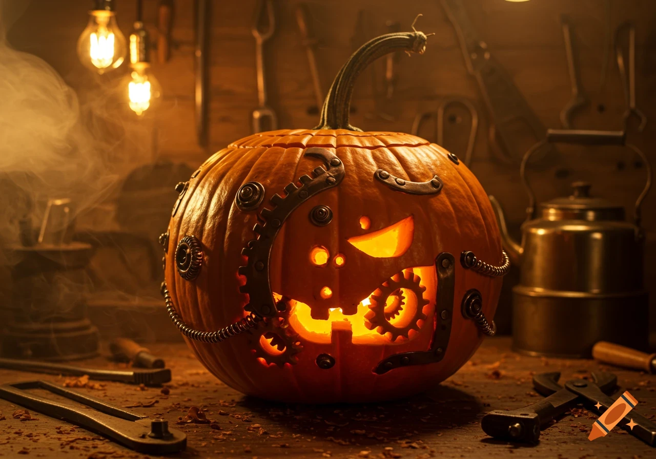 Photorealistic steampunk jack-o'-lantern, glowing from within, decorated with gears and pipes, on a workshop table with tools and warm lights.